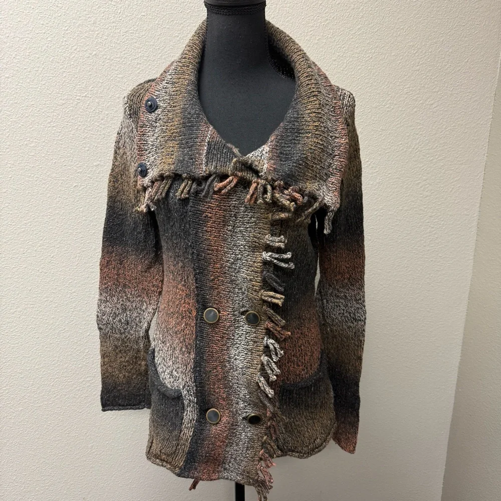 CAbi Brown Black Ombre Fringe Button Cardigan Sweater Small Boho